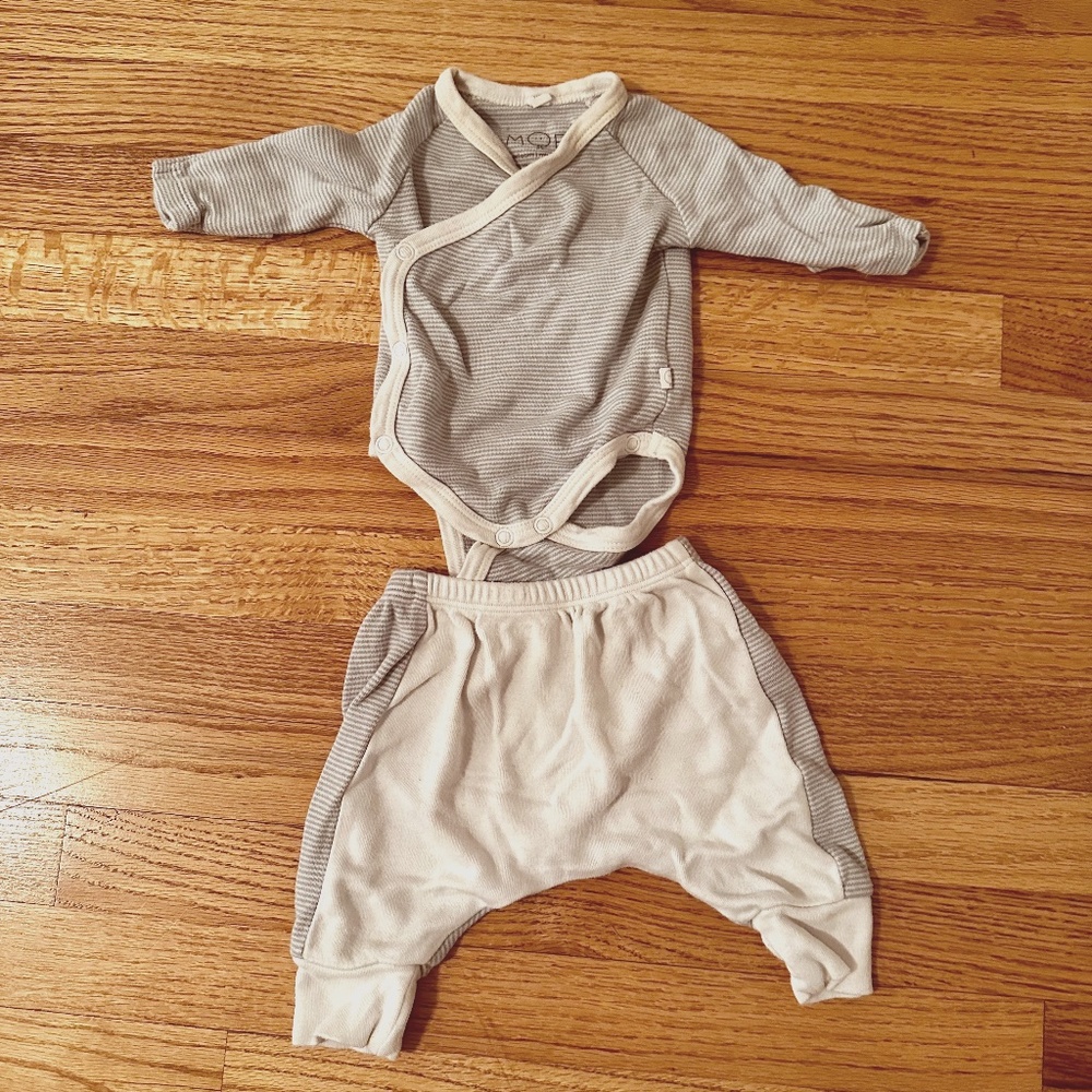 Mori organic cotton long sleeve kimono baby bodysuit w/ pants - size newborn